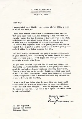 Unsent Letter from Former President Harry S. Truman to Irv Kupcinet