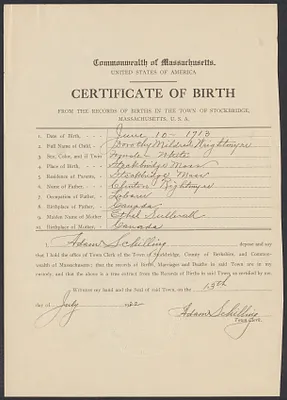 Sacco-Vanzetti Case Records, 1920-1928. Defense Papers. Stockbridge, Massachusetts Birth Certificate for Dorothy Mildred Wrightmyre, June 10, 1913. Box 12, Folder 10, Harvard Law School Library, Historical & Special Collections