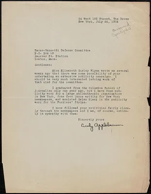Cicely Applebaum typed letter signed to Sacco-Vanzetti Defense Committee, New York, N.Y., July 26, 1926