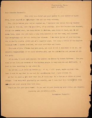 Bartolomeo Vanzetti typed letter (copy) to Alice Stone Blackwell, Charlestown, 13 April 1924
