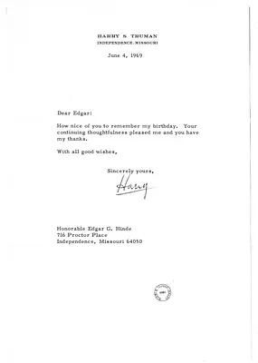 Letter from Harry S. Truman to Edgar Hinde