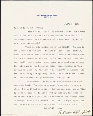 Campbell, William Rogers, 1855-1935 typed letter signed to Hugo Münsterberg, Boston, 3 January 1908
