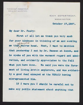 Letter from Theodore Roosevelt, Assistant Secretary of the Navy, to Lieutenant Robert E. Peary