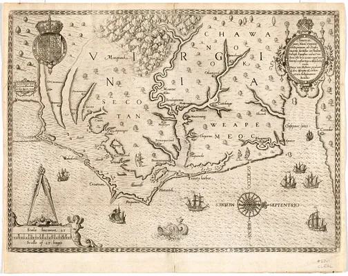Americæ pars, nunc Virginia dicta, primum ab Anglis inuenta, sumtibus Dn. Walteri Raleigh, equestris ordinis Viri, Anno Dn̄i. MDLXXXV regni Vero Sereniss. nostræ Reginæ Elisabethæ XXVII, hujus vero historia peculiari libro descripta est, additis etiam indigenarum iconibus