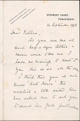 Richard B. Martin autograph letter signed to Victoria [Woodhull Martin], Tewkesbury, England, September 4, 1913