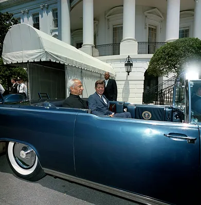President John F. Kennedy and President Dr. Sarvepalli Radhakrishnan of India in Car before Motorcade