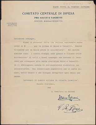 Aldino Felicani and Frank R. Lopez (Sacco-Vanzetti Defense Committee) typed letter, in Italian, (copy, circular), Boston, Mass., approximately [1920-1921]