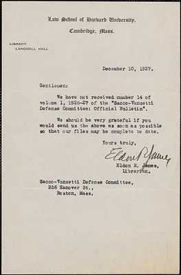 Eldon R. James typed note signed to Sacco-Vanzetti Defense Committee, Cambridge, Mass., December 10, 1927