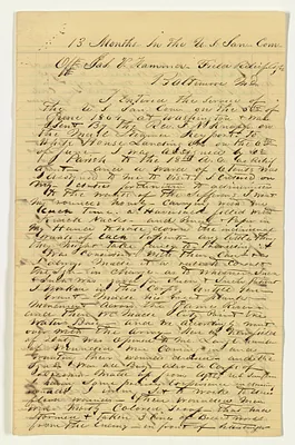 Manuscript entitled "13 Months in the U.S. Sanitary Commission," by Jas. V. Hammer, Field Relief Agent, Baltimore, MD