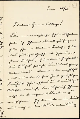 Eucken, Rudolf, 1846-1926 autograph letter signed to Hugo Münsterberg, Jena, 14 October [1911]