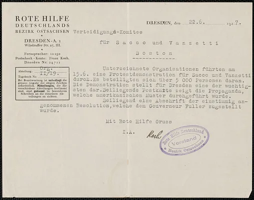 Franz Koch (Verteidigungs-Komitte für Sacco und Vanzetti) typed note signed, in German, to Sacco-Vanzetti Defense Committee, Dresden, Germany, June 22, 1927