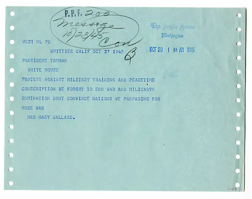 Telegram from Mary Ballard to President Harry S. Truman