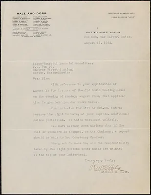 Richard W. Hale typed letter signed to Sacco-Vanzetti Memorial Committee, Bar Harbor, Me., August 16, 1932