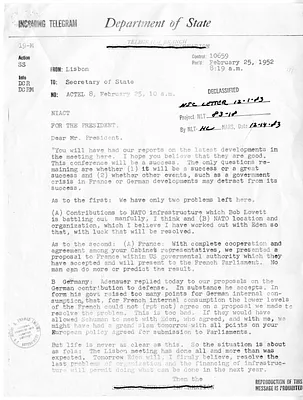 Telegram from Secretary of State Dean Acheson to President Harry S. Truman