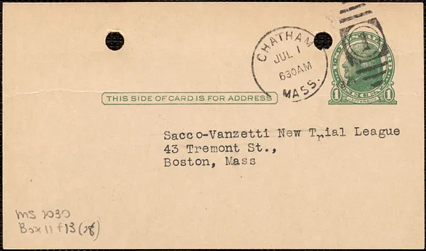 E[lizabeth] G[lendower] Evans autograph note signed (postcard) to Sacco-Vanzetti New Trial League, Chatham, Mass., July 1, 1924