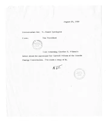 Correspondence Between President Harry S. Truman and Stuart Symington with Attachment