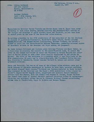Aldino Felicani and Gardner Jackson press release, Boston, Mass., August 23, 1957