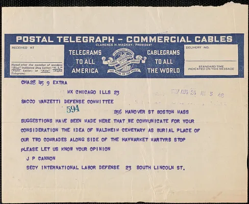 International Labor Defense telegram to Sacco-Vanzetti Defense committee, Chicago. Ill., August 24, 1927