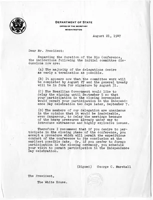 Letter from Secretary of State George C. Marshall to President Harry S. Truman