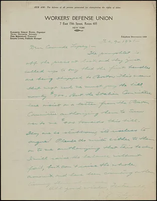Elizabeth Gurley Flynn (Workers' Defense Union) autograph letter signed to Frank R. Lopez, New York, N.Y., February 9, 1921