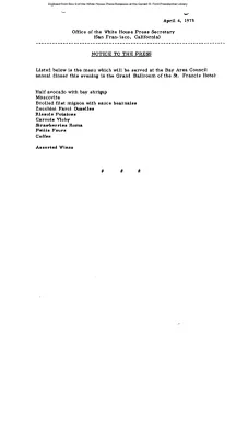 Menu for Bay Area Council annual dinner [Notice to Press]