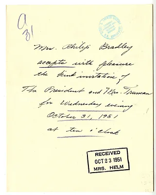 Invitation Reply from Mrs. Philip Bradley to the White House Social Office