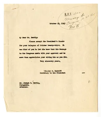 Telegram from Joseph Bertig to President Harry S. Truman with a Reply from William D. Hassett
