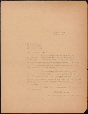 Sacco-Vanzetti Defense Committee typed letter (copy) to Esther Lowell (The Federated Press), Boston, Mass., April 6, 1927