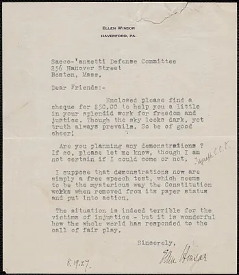 Ellen Winsor typed letter signed to Sacco-Vanzetti Defense Committee, Haverford, Pa., August 19, 1927