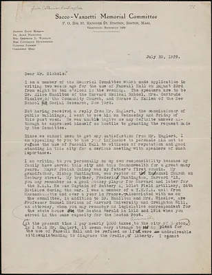 Catharine Huntington (Sacco-Vanzetti Memorial Committee) typed letter signed (draft) to Mr. Nichols, Boston, Mass., July 20, 1929