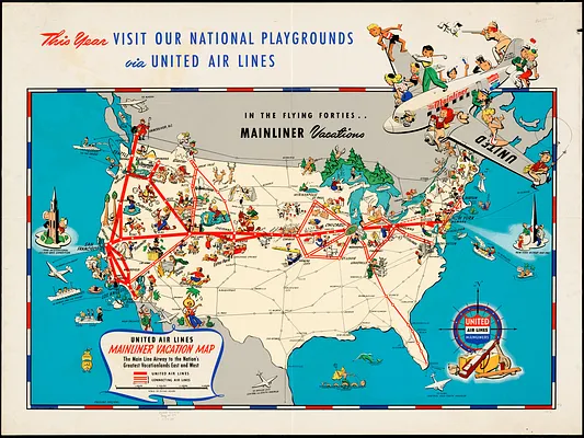United Air Lines mainliner vacation map