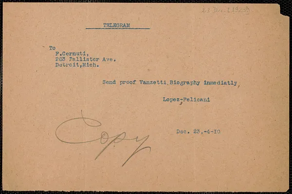 Frank R. Lopez and Aldino Felicani telegram (copy) to F. Cernuti, Boston, Mass., December 23, 1923