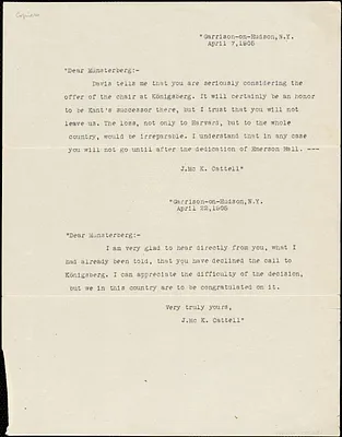 Cattell, James McKeen, 1860-1944 typed note (copy) to Hugo Münsterberg, Garrison-on-Hudson, 7 April 1905