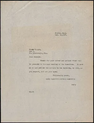 Mary Donovan (Sacco-Vanzetti Defense Committee) typed note (copy) to Frank Voight, Boston, Mass., October 14, 1927