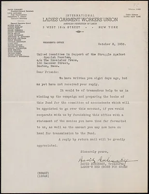 David Dubinsky (International Ladies' Garment Workers' Union) typed letter signed to United Committee in Support of the Struggle Against Spanish Fascism, New York, N. Y., October 8, 1936