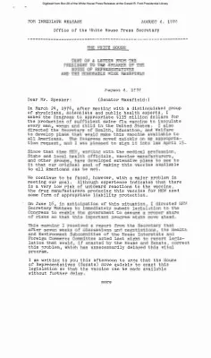 Text of a letter from the President to the Speaker of the House and the Honorable Mike Mansfield