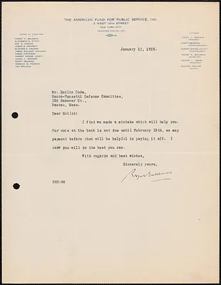 Roger N. Baldwin (The American Fund For Public Service, Inc.) typed note signed to Emilio Coda, New York, N.Y., January 12, 1925