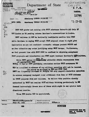 Telegram from Secretary of State Dean Acheson to the United States Embassy in Iran and Great Britain
