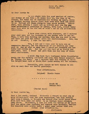 Nicola Sacco typed note (copy of postcard) to "Auntie Be" [Elizabeth Glendower Evans], Dedham, 28 March 1927