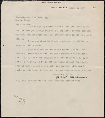 Israel Aaronson typed letter signed to Sacco-Vanzetti Defense Committee, Brooklyn, N.Y., April 21, 1927