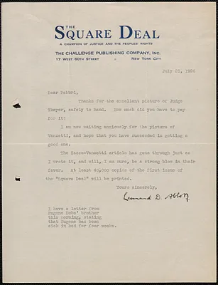 Leonard D. Abbott (The Square Deal) typed letter signed to Amleto Fabbri, New York, N.Y., July 21, 1926