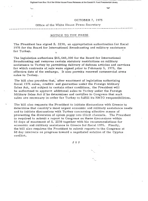 President has Signed S. 2230, and Appropriation Authorization for Fiscal 1976 for the Board for International Broadcasting and Military Assistance for Turkey [Signing Statements and Announcements]