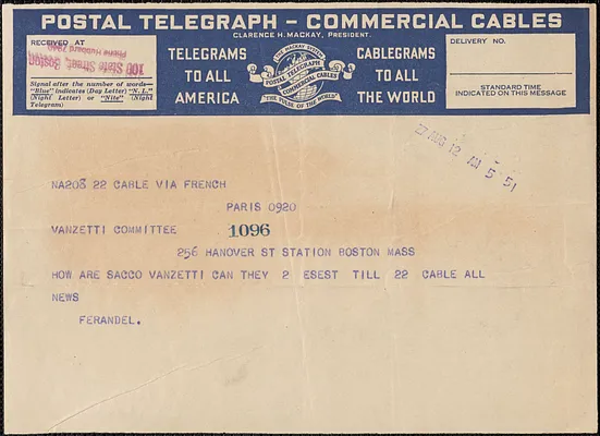 Ferandel telegram to Sacco-Vanzetti Defense Committee, Paris, France, August 12, 1927