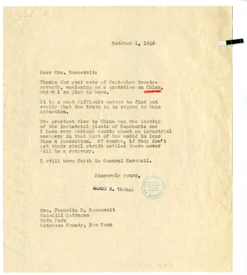 Correspondence Between President Harry S. Truman and Eleanor Roosevelt, with Attachment