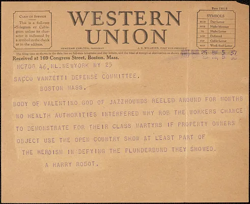 A. Harry Robot telegram to Sacco-Vanzetti Defense Committee, New York, N. Y., August 25, 1927