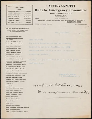 H. J. Hahn (Sacco-Vanzetti Buffalo Emergency Committee) typed note to Sacco-Vanzetti Defense Committee, Buffalo, N.Y., May 12, 1927