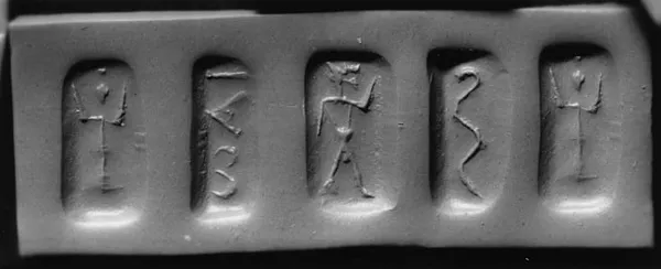 Seal with Jackal Headed Deity and Female Figure