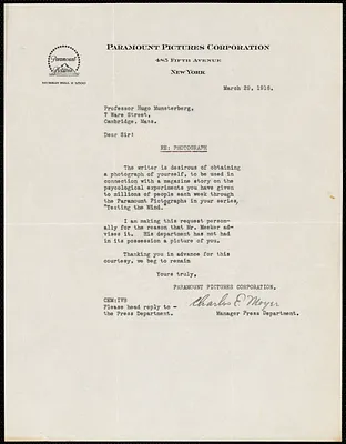 Moyer, Charles E, fl.1916 typed letter signed to Hugo Münsterberg, New York, 29 March 1916
