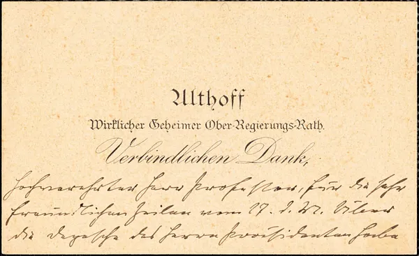 Althoff, Friedrich, 1839-1905. autograph printed card signed to Hugo Münsterberg, 29 June 1905