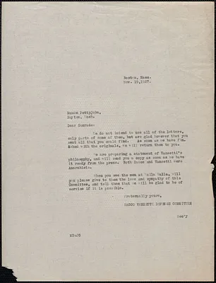 Mary Donovan (Sacco-Vanzetti Defense Committee) typed letter (copy) to Maude Pettyjohn, Boston, Mass., November 19, 1927